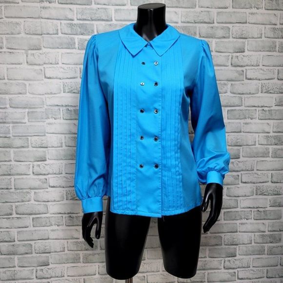 Vintage 70s JUDY BOND M/L Bright Blue Big Collar Pleated‎ Button Front Blouse - Picture 1 of 8